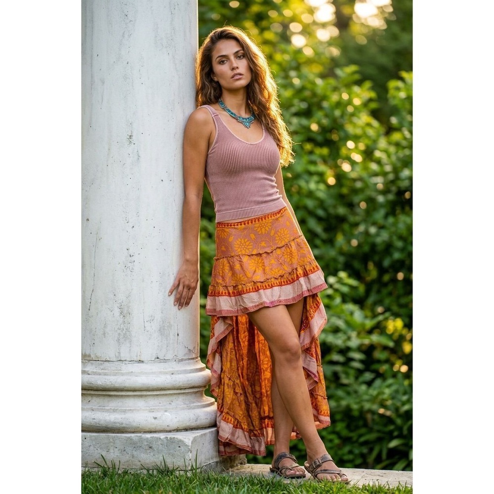 Boho Floral High Low Boho Ruffle Maxi Skirt Orange Pink Yellow Festival W:14-22